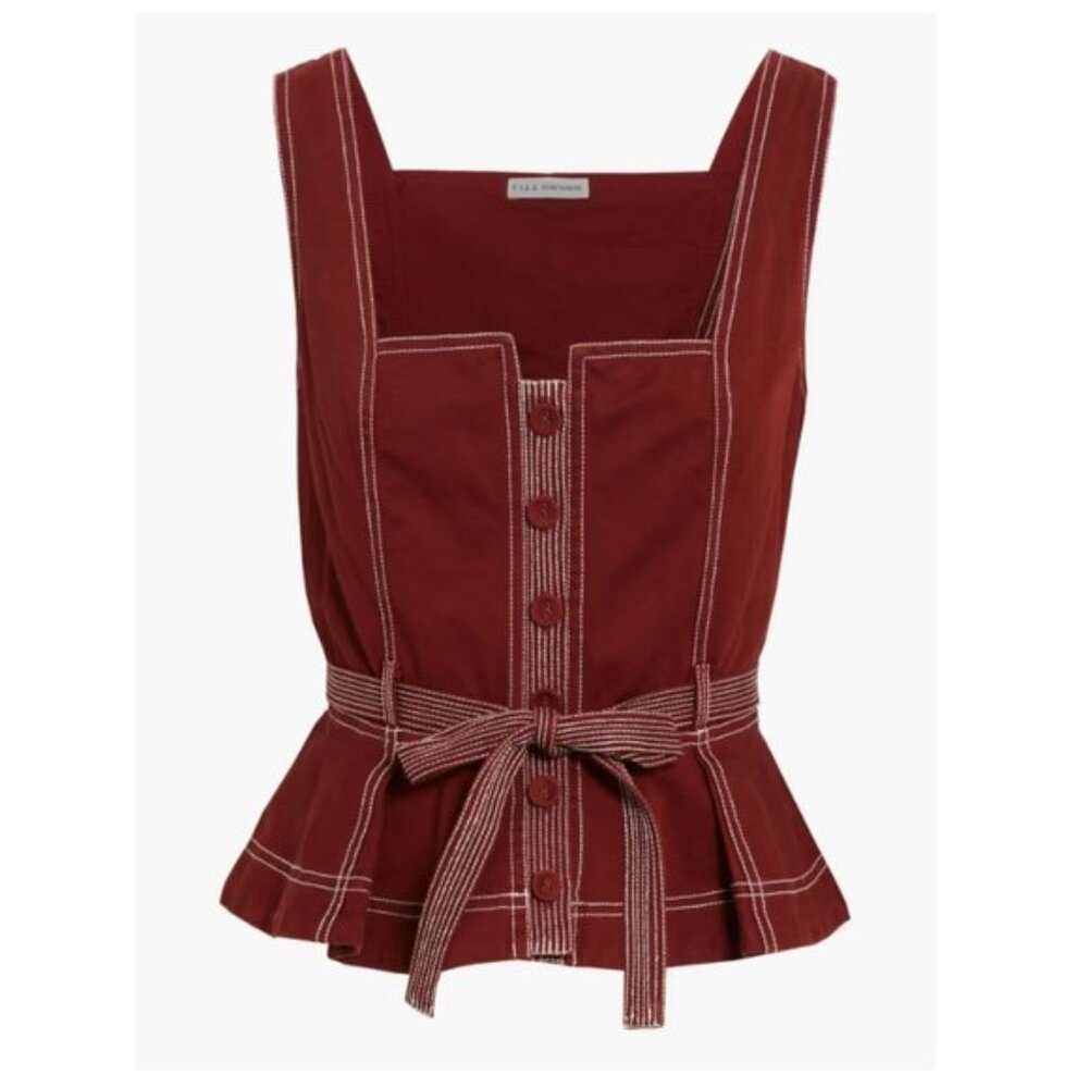 Ulla Johnson Denia Belted Topstitched Cotton-twill Peplum Top In Brick